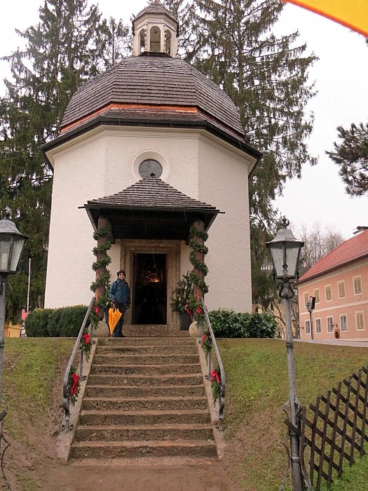 In front of the little church in Oberndorf, Austria, where Silent Night was composed.
